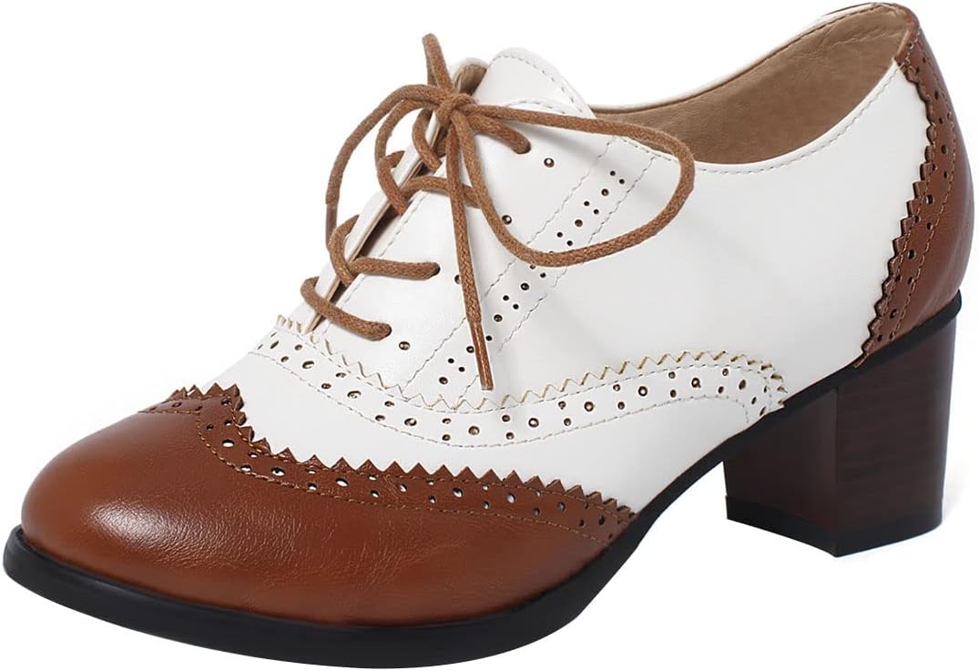 SHEMEE Women's Retro Wingtip Block Heel Lace Up Oxfords Stacked Chunky High Heels Pumps Vintage Round Toe Brogues Dress Shoes - Image 4