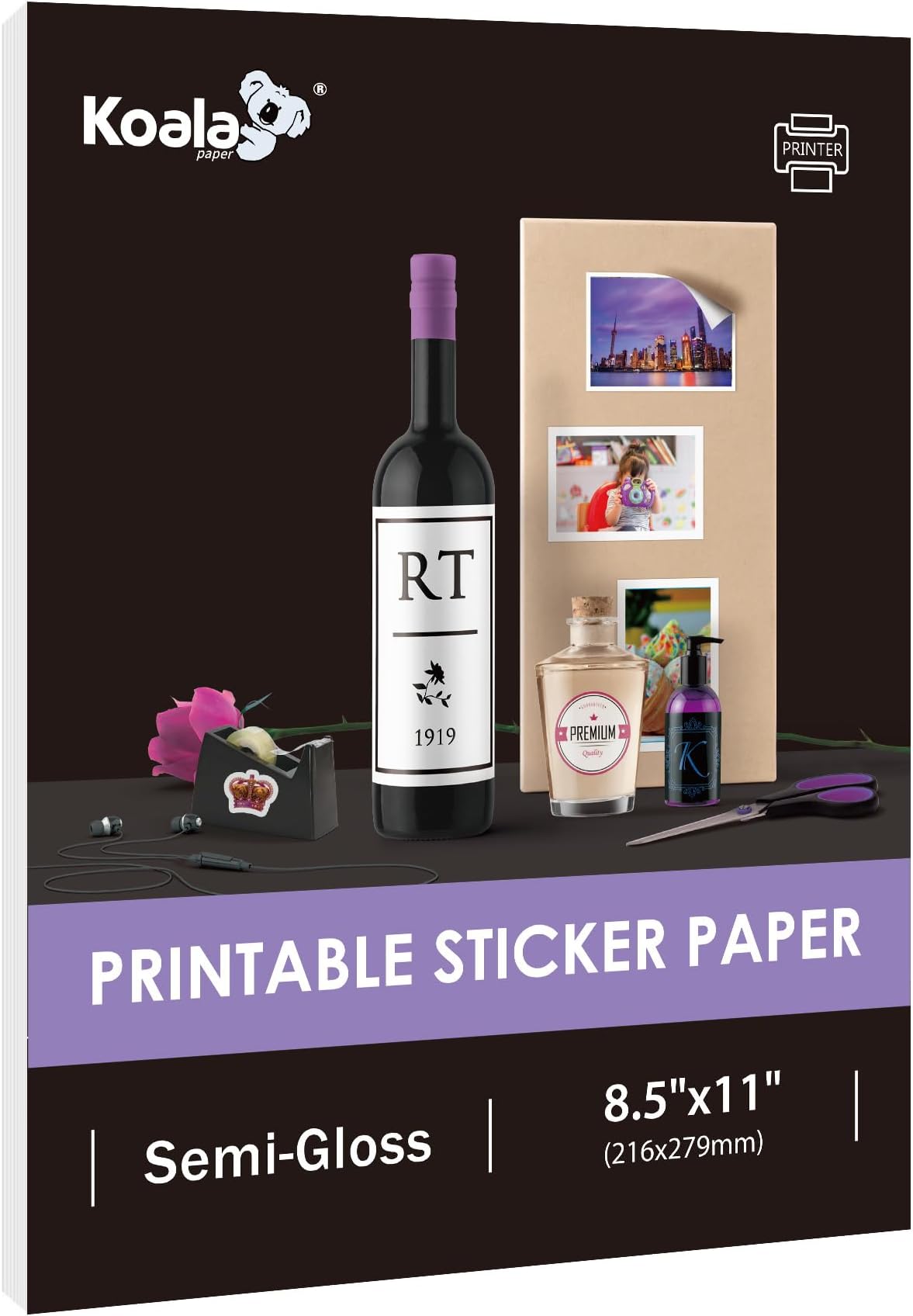 Koala Semi Glossy Sticker Paper for Inkjet & Laser Printer - 25 Sheets 8.5 x 11 Inch Printable Photo Sticker Paper, Work Well with Cutting Machine