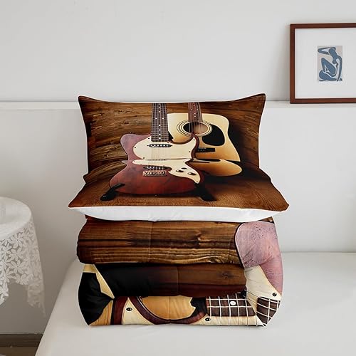 Miniatura 5 de Erosebridal Juego de edredón de guitarra eléctrica, juego de ropa de cama de guitarra acústica, edredón de plumón vintage con rayas de madera