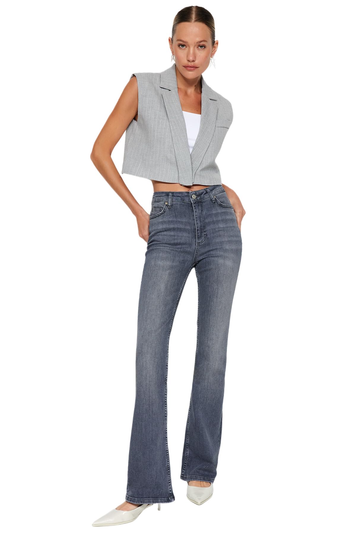 Trendyol Damen Grau Gray High Waist Flare Jeans Twoaw24je00143, Grey, 36