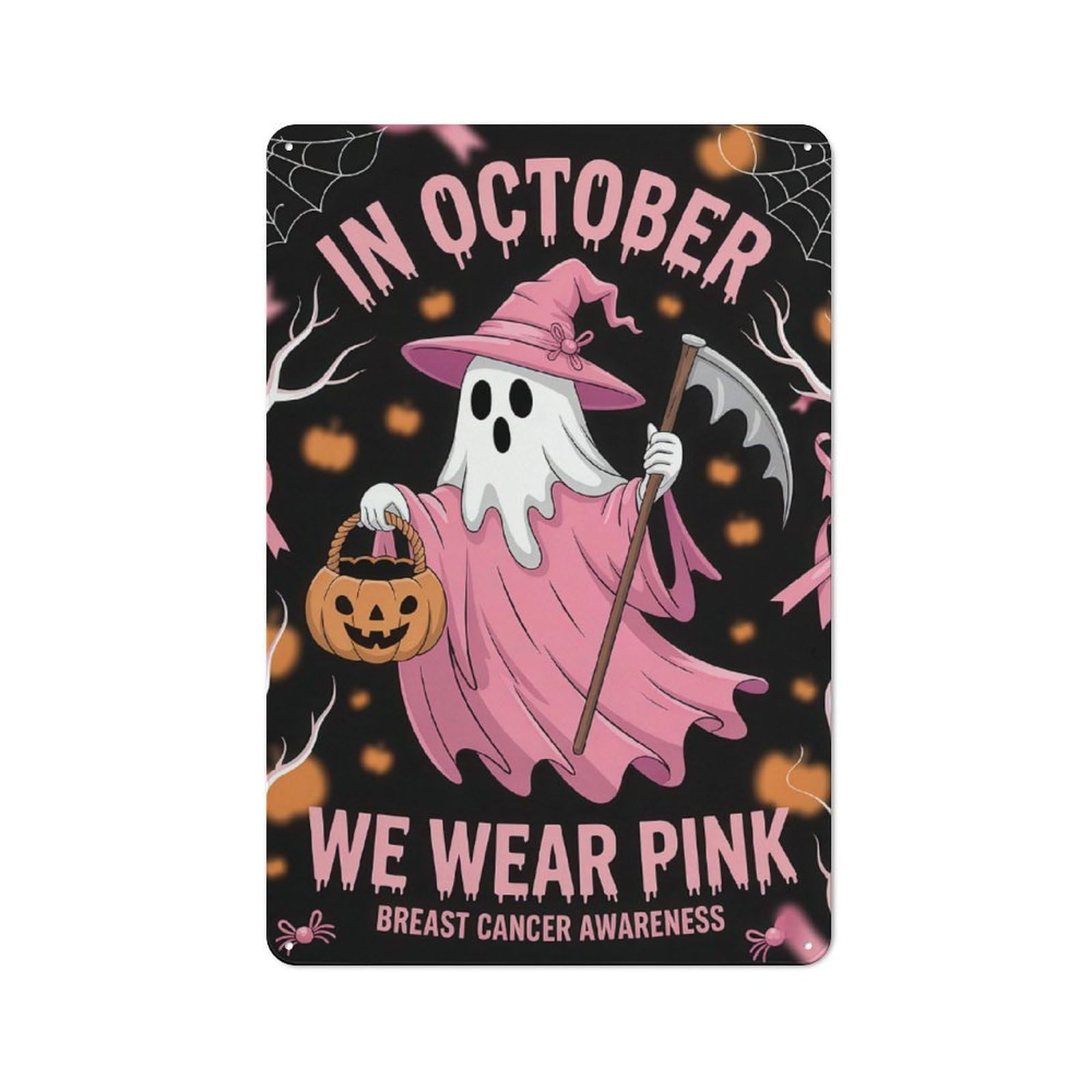Junmoney October Breast Cancer Awareness Ghost Vintage Metal Sign 30X20cm For Café Or Restaurant, Suited To Restaurant Decor Fans