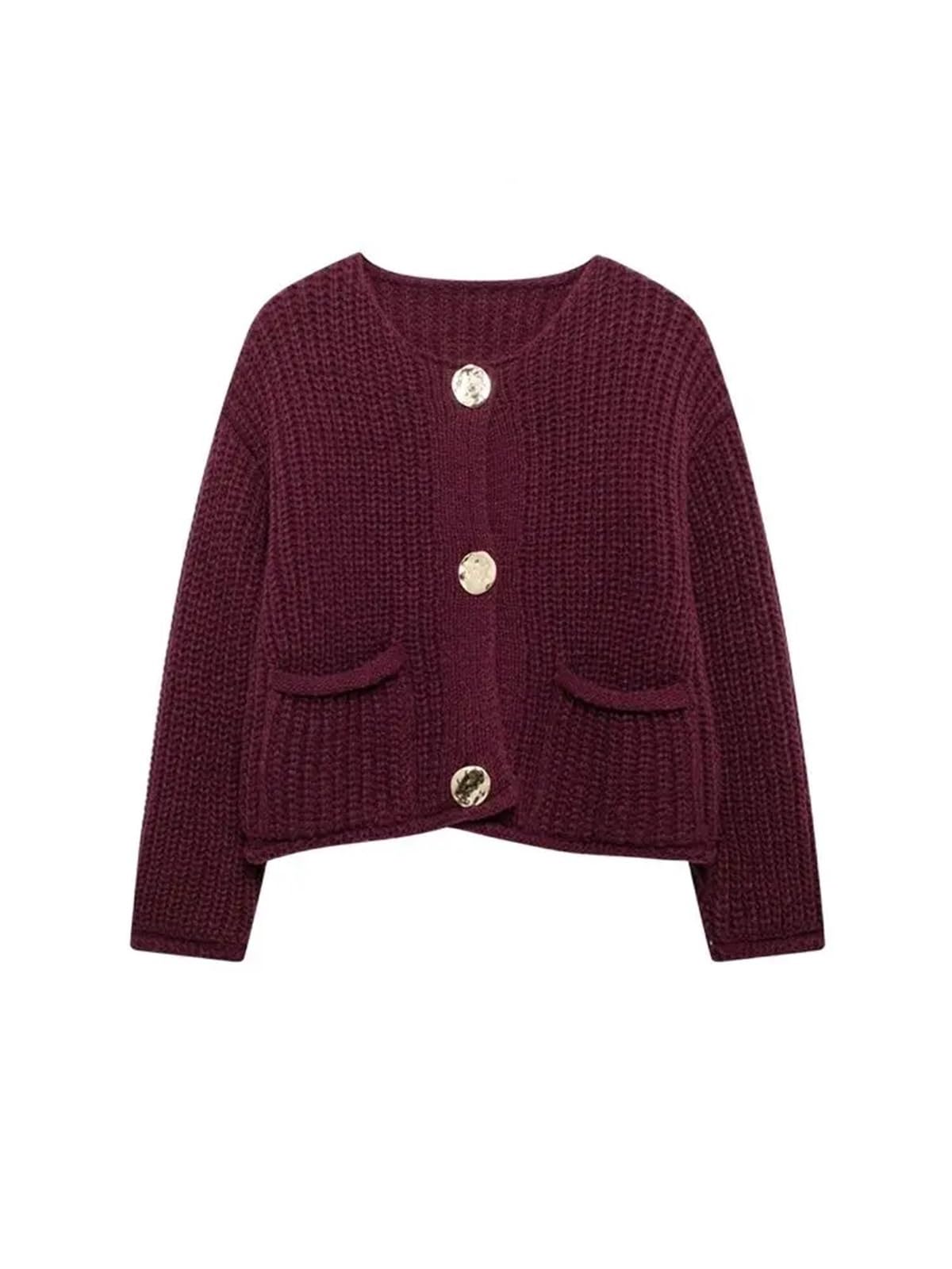 Suéter de Punto Manga Larga for Mujer, Botones Dorados, Bolsillos Parche Delanteros, Cuello Redondo, Prenda Exterior Femenina Cárdigan Mujer