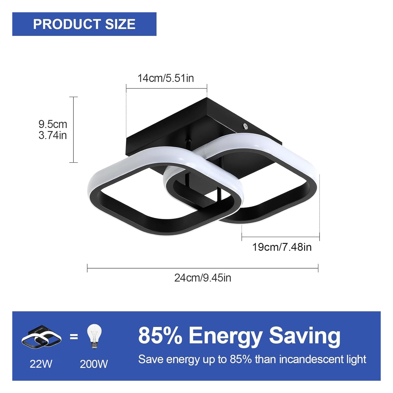 2 sztuki nowoczesnych lamp sufitowych LED, 24 W 2700 LM mała kwadratowa lampa sufitowa LED do kuchni, sypialni i korytarza, 6500 K białe światło, czarny, 24 cm