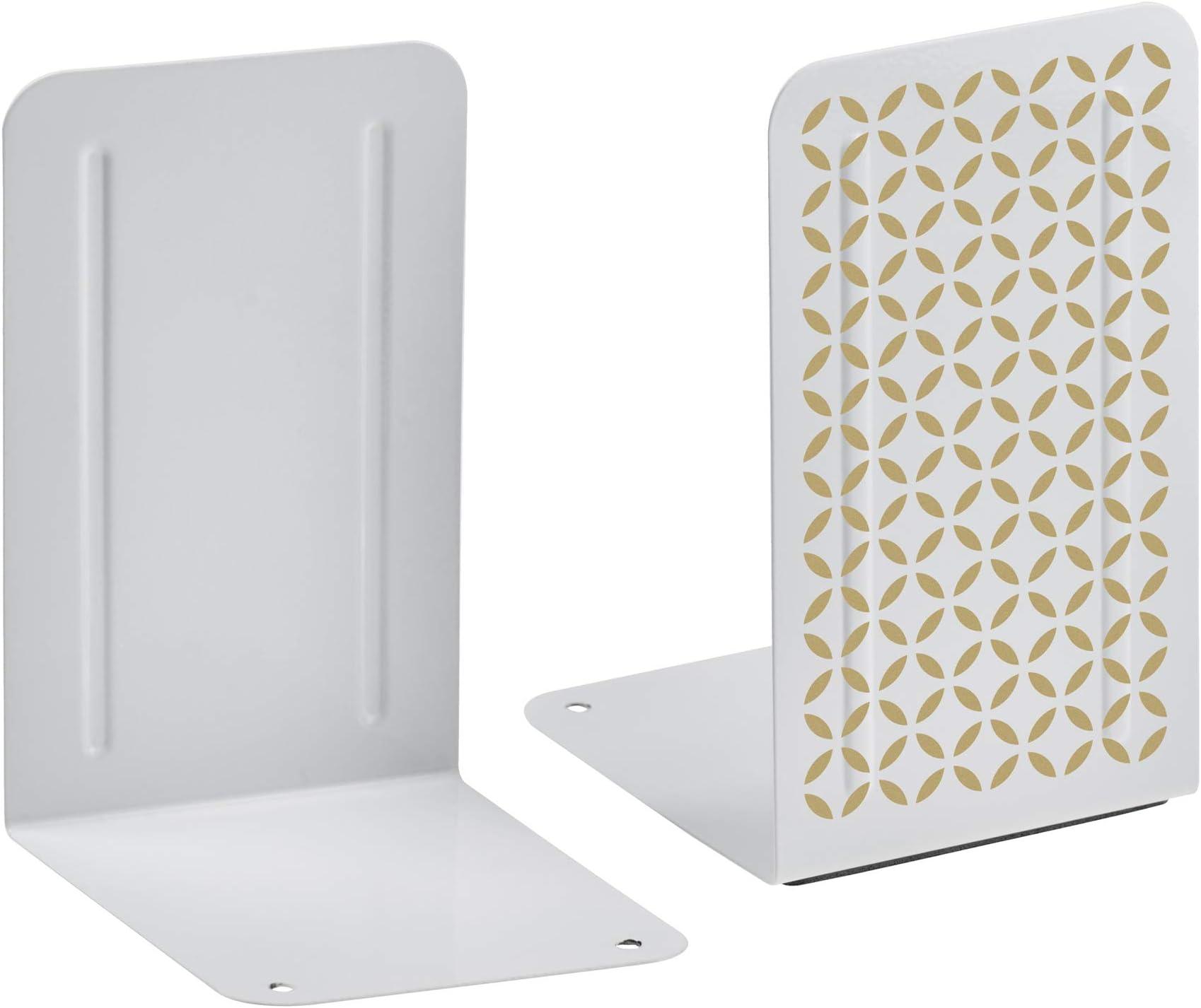 AcrimetMetal Bookends, Non-Skid Book Stand for Shelves, Heavy Duty Book Stopper, 17,5 cm H x 10 cm W x 11,5 cm D, White Bookends with Gold Design, 1 Pair