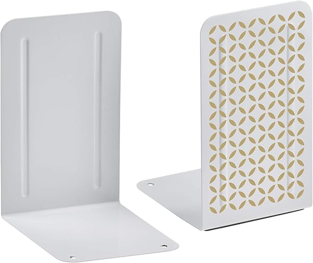 Acrimet Metal Bookends Design Series (Heavy Duty) (White Bookend with Gold Design) (1 Pair)