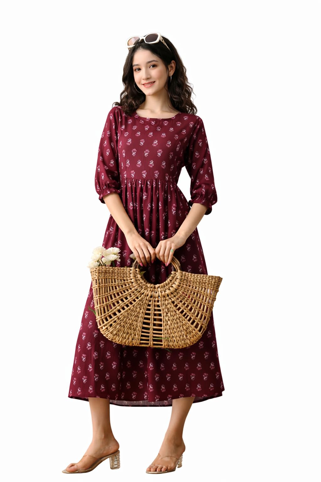 ichaa Women's Blue Cotton Printed Maternity Dress with Feeding Zips and Pocket| in Plus Sizes-picture-21