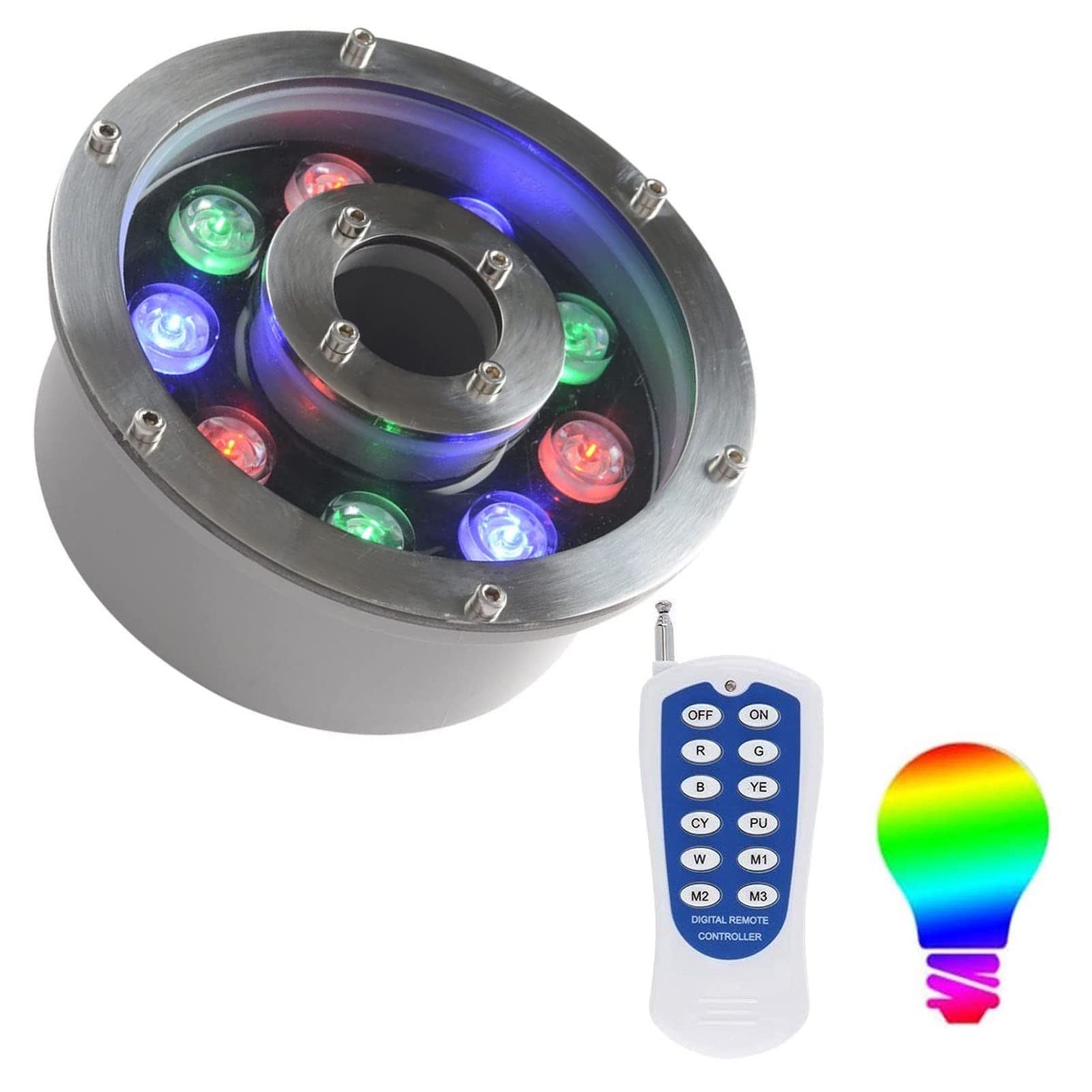 Faretti Piscina - Faretto Subacquei, Cambia Colore RGB con Telecomando RF Lampada da Fontana A LED Sommergibile, IP68 Luci Subacquee per Laghetti con Foro Centrale Impermeabili(12V,18W)