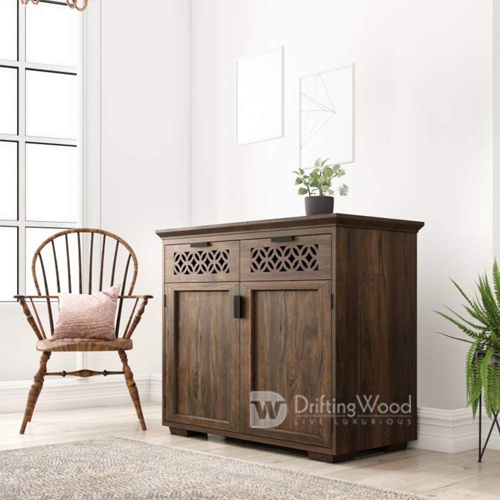 DRIFTINGWOOD Solid Sheesham Wood Sideboard Tv Cabinet for Living Room | Free Standing Movable Tv Unit Side Board Table with 2 Drawer & 2 Door Cabinet Storage Furniture for Home | Walnut