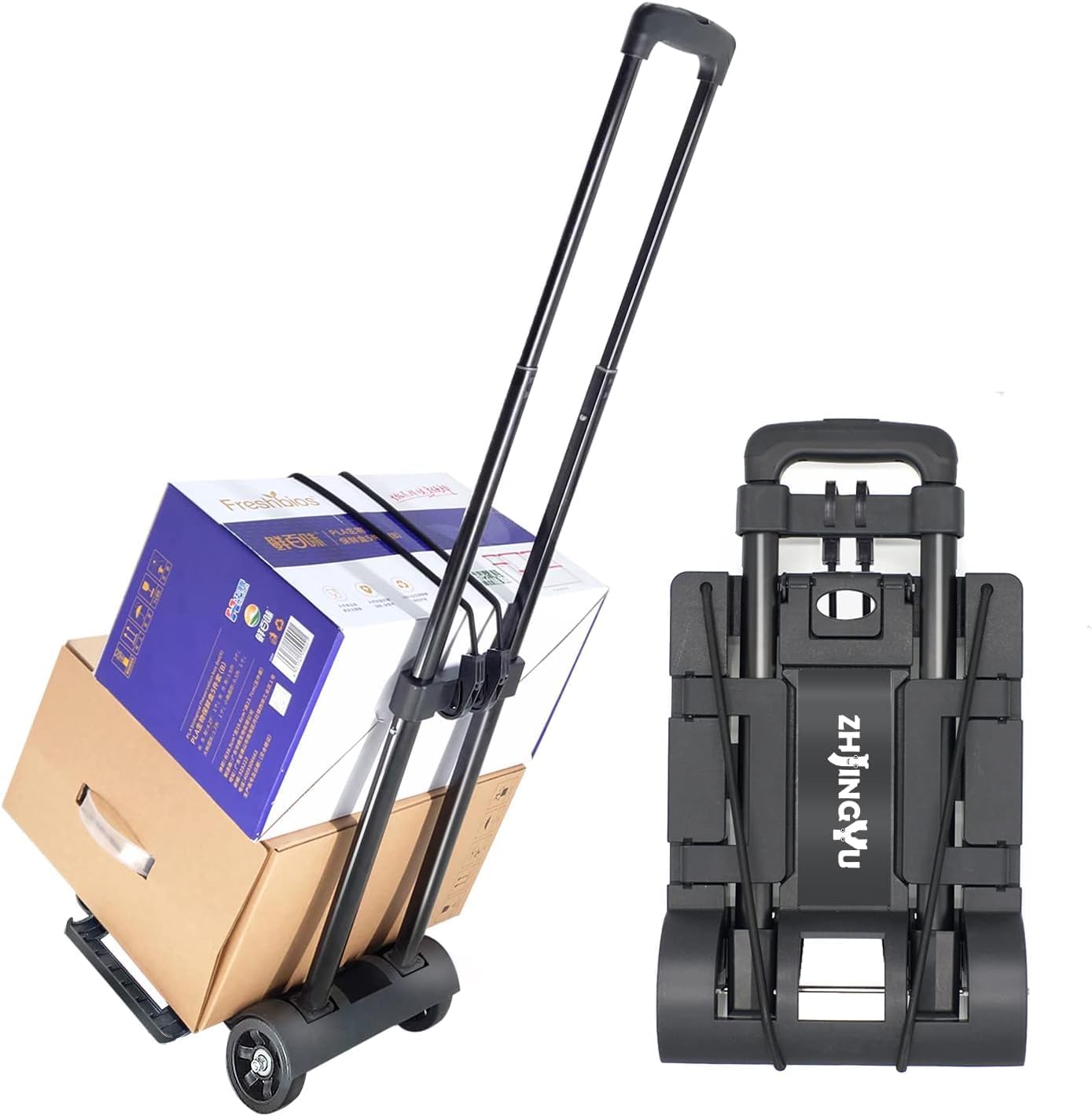 Folding Hand Truck Iron Tube Pull Rod Folding Cart Foldable Trolley with Wheels Utility Portable Lightweight Expandable Large Chassis Foldable into Backpack