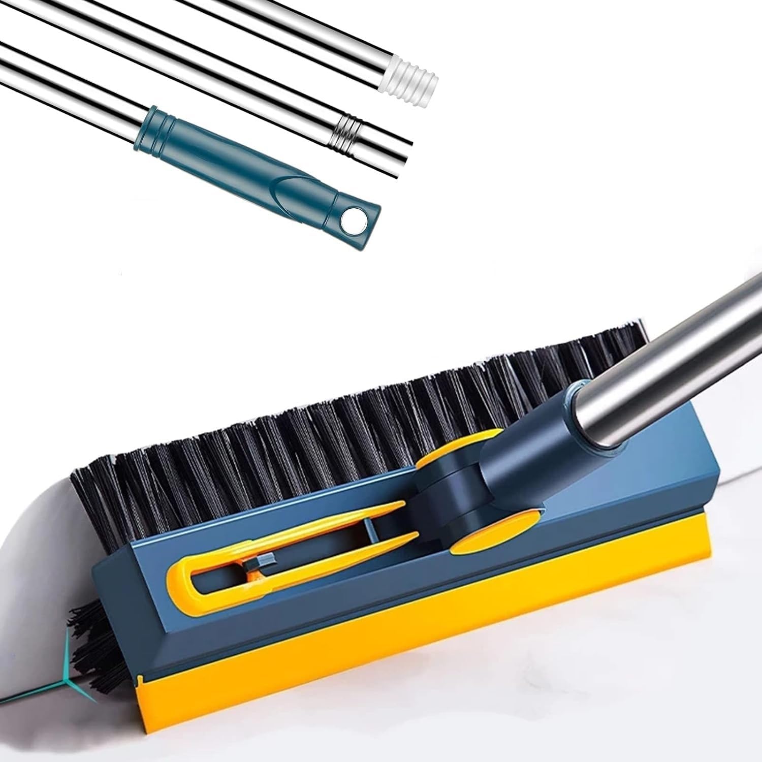 3 in 1 V-Shaped Corner Floor Cleaning Bathroom Brush with Wiper and Tweezers,180° Rotatable Long Handle Floor Cleaner Bristles for Tile Kitchen Bathroom Scrubber for Shower Floor Scraper