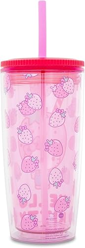 Miniatura 2 de Silver Buffalo Sanrio Hello Kitty - Vaso de plástico con tapa y pajita, diseño de fresas, 20 onzas