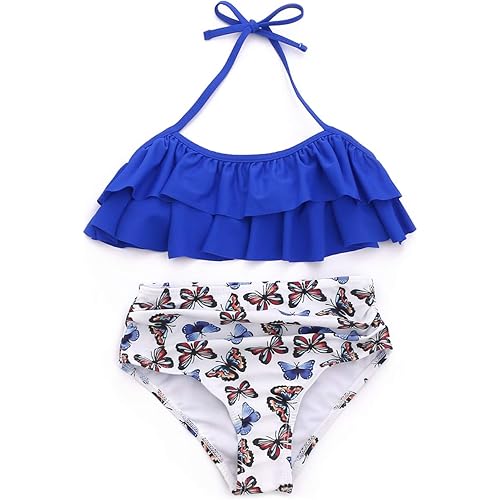 XUNYU Girls Swimsuit Falbala High Waisted Bathing Suit Halter Neck Bikini Swimwear