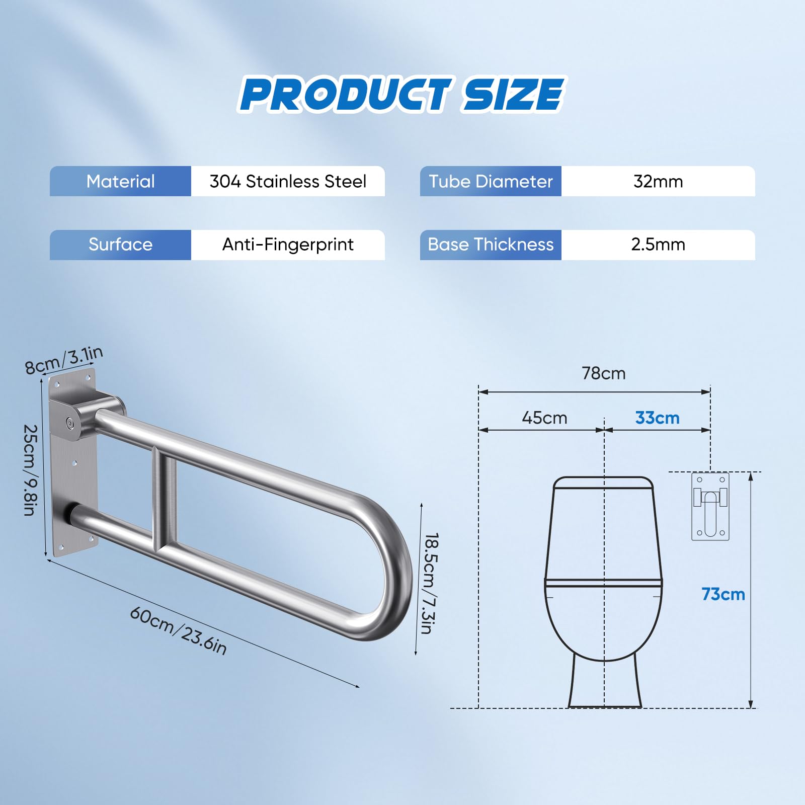 60cm Maniglione Bagno Disabili, Maniglioni Bagno per Anziani, Acciaio inossidabile 304, Capacità di Carico 150 kg, Maniglione Ribaltabile Bagno per Anziani, Incinta, Disabili