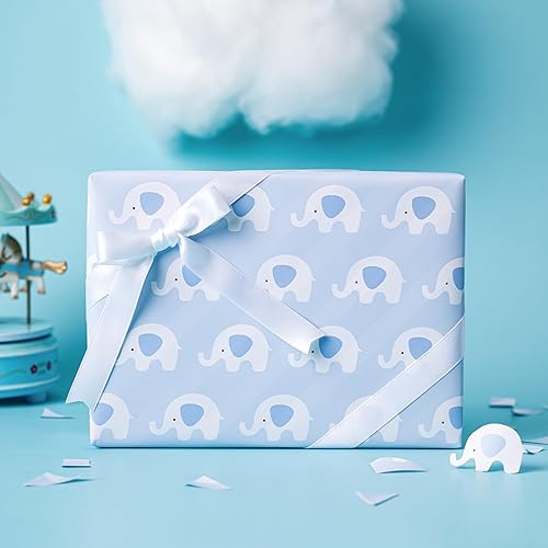 Miniatura 7 de WRAPAHOLIC - Papel de regalo reversible para bebé niño, rollo mini - 17 pulgadas x 33 pies - Lindo diseño de elefante azul, perfecto para baby