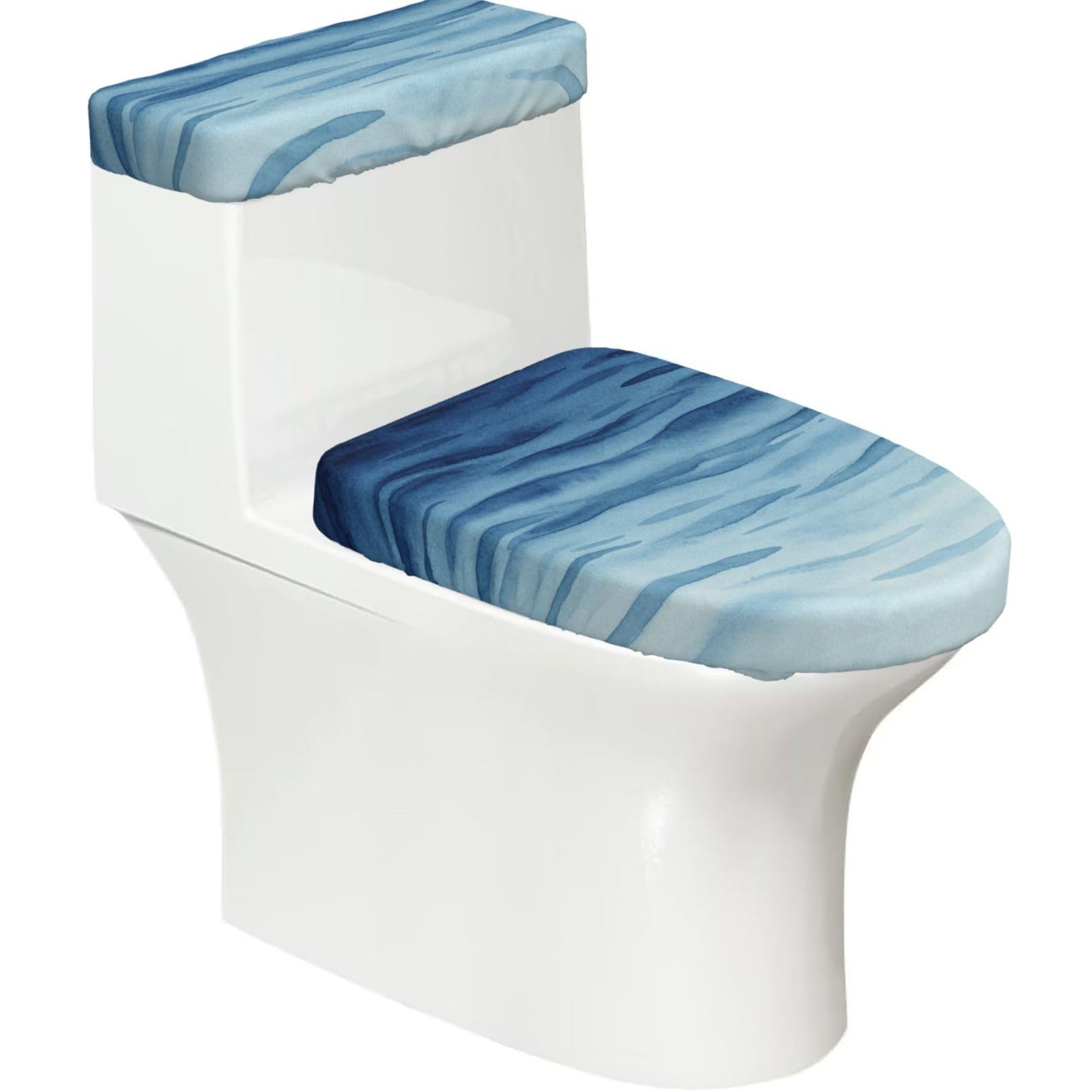 Blue Wave Line Elastic Toilet Cover Set of 2-Stretchy Lid and Tank Covers for Bathroom, Soft Washable U Shape Toilet Decor