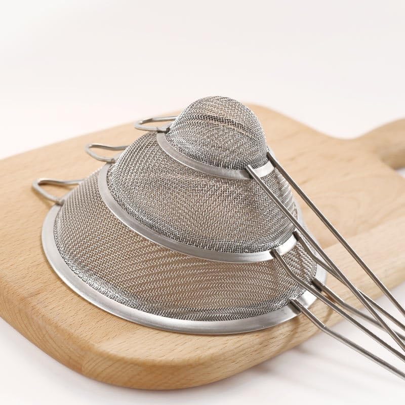 Juego de 3 coladores de cocina, diámetro 7/12/18 cm, colador de acero inoxidable, colador de malla fina con asa, para escurrir pasta, quinua, azúcar en polvo, verduras, frutas, té