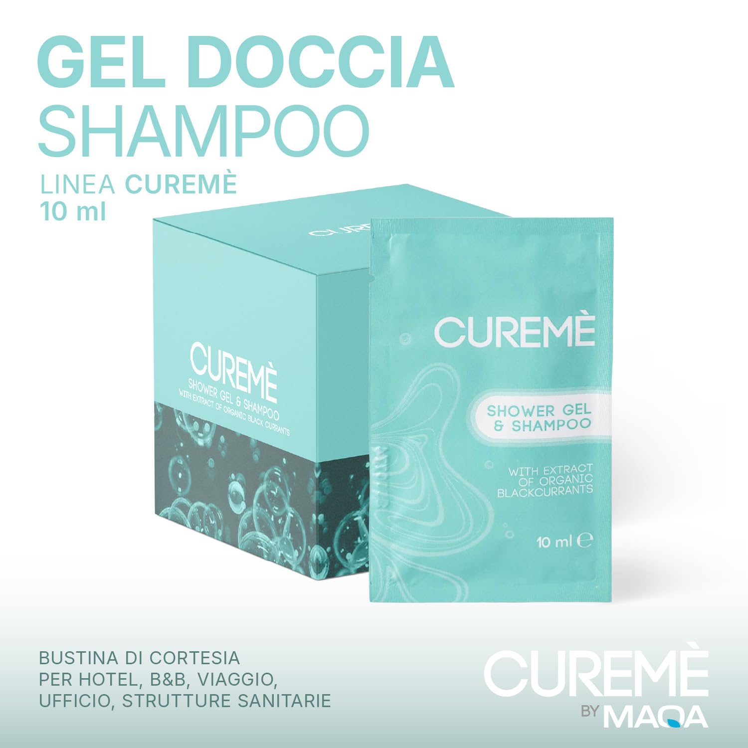 MAQA 100 Pezzi Doccia Shampoo Cortesia Monodose 10 ml Bustina Estratto Bio di Ribes Nero Eco-Friendly