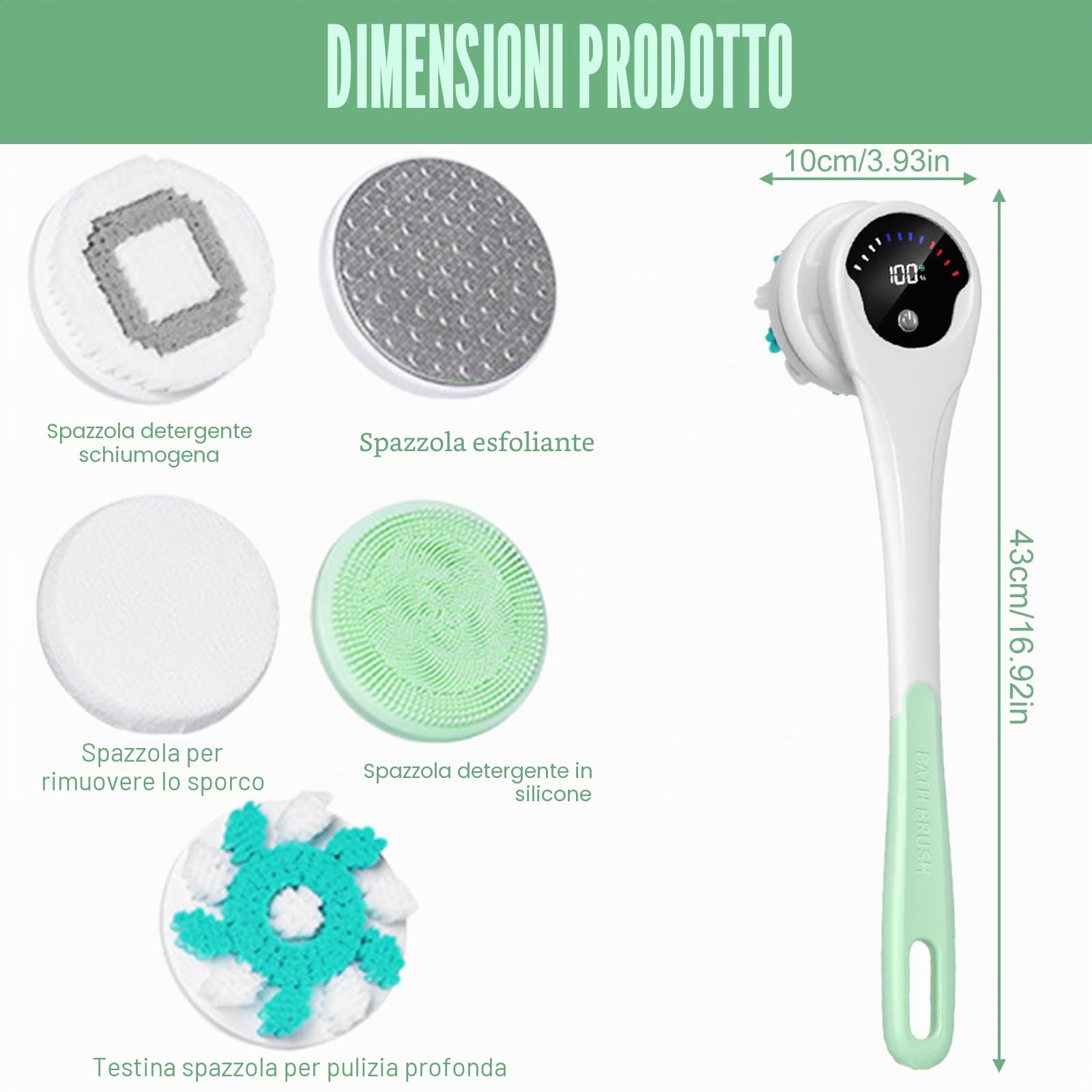 Spazzola elettrica per il corpo, spazzola per il bagno, spazzola per la schiena, con 5 cuciture: spazzola per doccia con manico lungo IPX6, impermeabile a 3 velocità, spazzola per la pulizia della spa