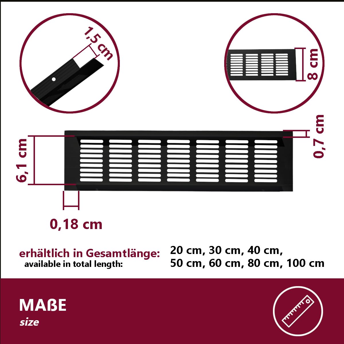 Juego de rejillas de ventilación de aluminio, 50 x 8 cm, color negro, 2 unidades de 500 mm, ventilación ideal para cocina, baño, inodoro, armario, protección contra insectos, chapa