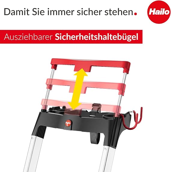 Hailo TopLine L100 8050-307 Aluminium Safety Stepladder with Multifunctional Shell, Safety Holder, Platform Lock and 130 mm Extra-Deep Steps, Black, 8050-407