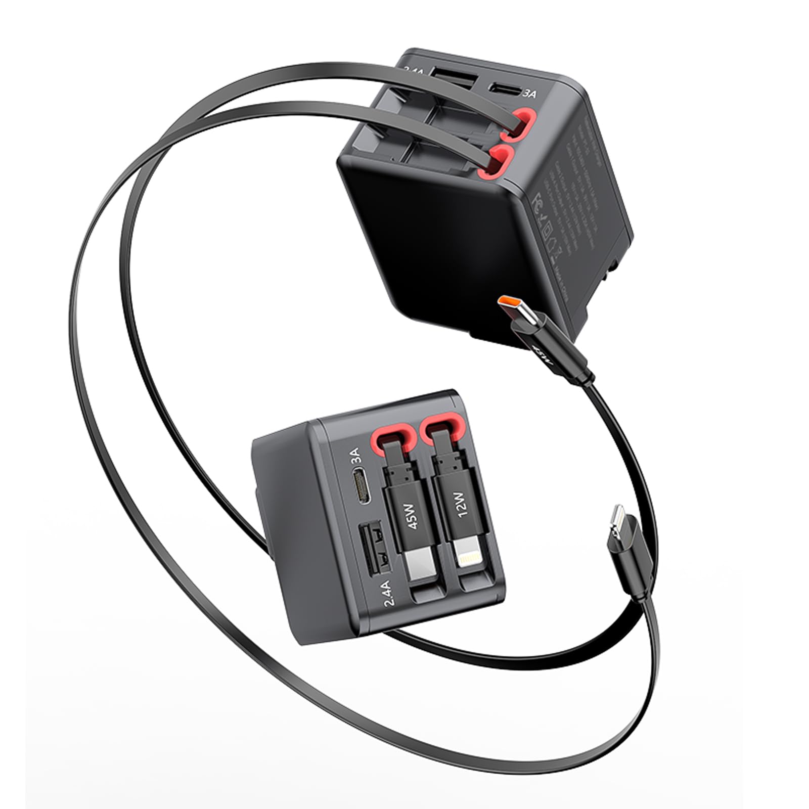 4 in 1 Retractable Wall Charger with Dual USB Ports and 25.6in Lightening and Type-C Cables, 84W Fast Charging Foldable Block Compatible with ipad,iPhone 16/15, airpods,Galaxy, Pixel, and More