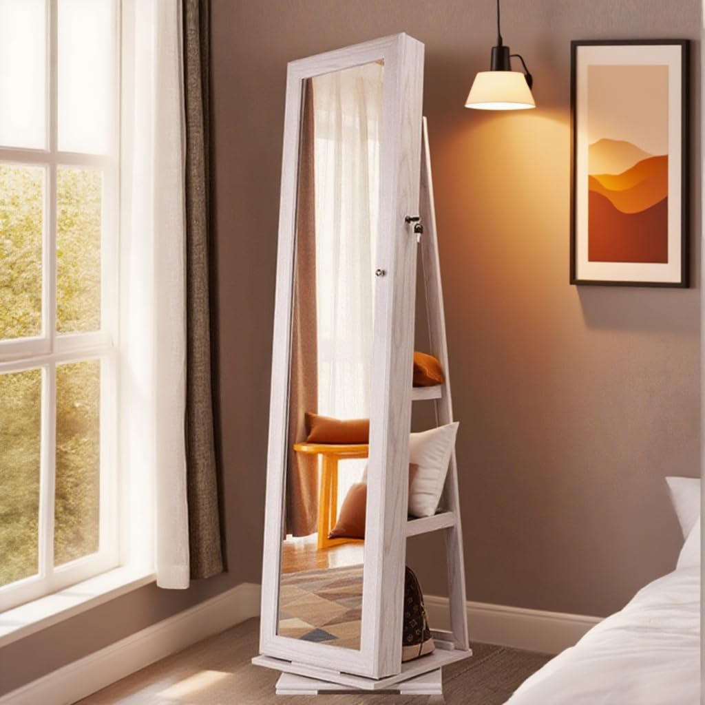 sogesfurniture Armoire à Bijoux sur Pied, Armoire de Rangement cosmétiques avec Miroir Plein Longueur et Étagères Arrières, Rangement Bijoux Verrouillable, Pivotante à 360°, Blanc
