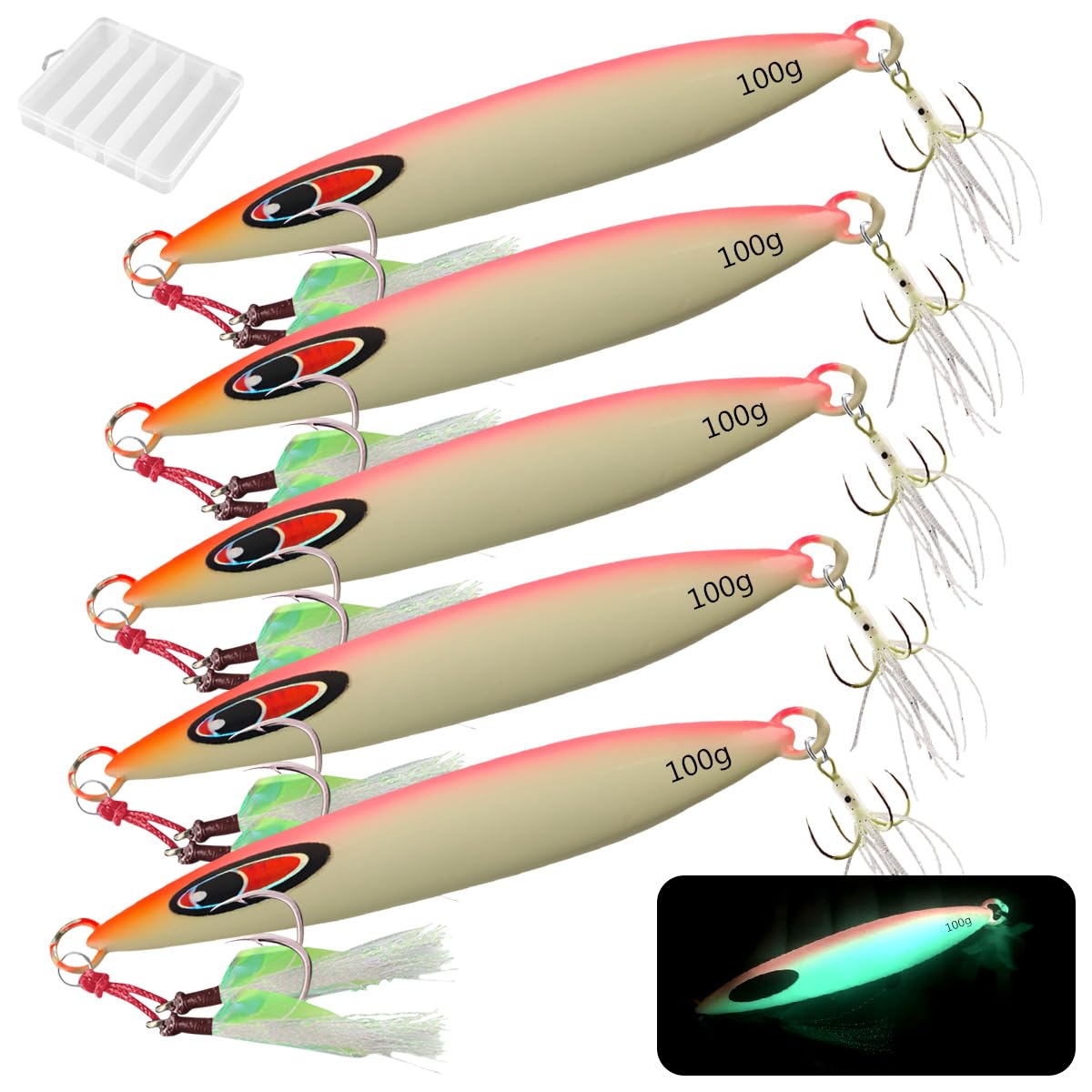 Leurres de Pêche en Haute Mer Coulants, WASAGA 80g/100g/120g/150g/200g/250g/300g Appât à Poisson Spinner Parfait pour Le Poisson Ruban et Le Thon Saumon Mérou Morue et Leurre Jigging