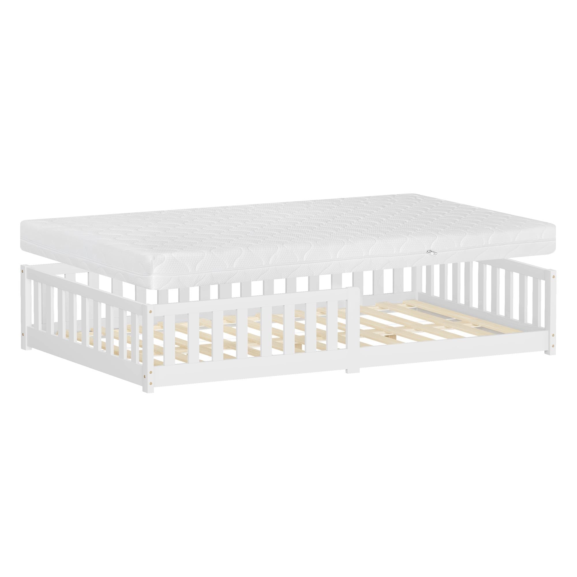 ML-Design Cama de Suelo Infantil 120x200cm con Colchón 16cm Blanca Madera Maciza de Pino Somier de Láminas y Protección Anticaída Cuna Doble para Niños y Bebés Mobiliario para Habitación Juvenil