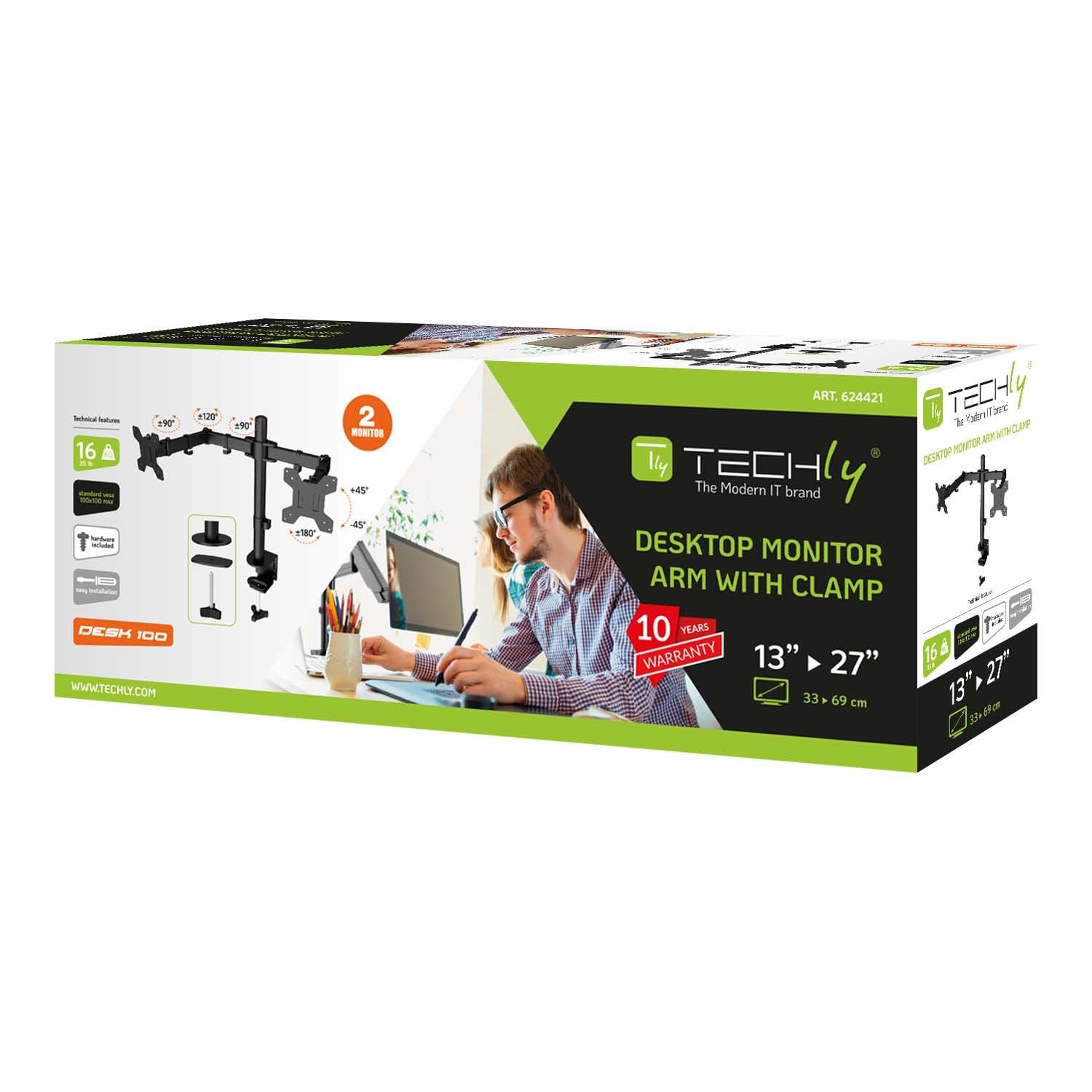 Techly 624421 Supporto da Scrivania per 2 Monitor 13-27" a Morsetto o Vite Passante Nero