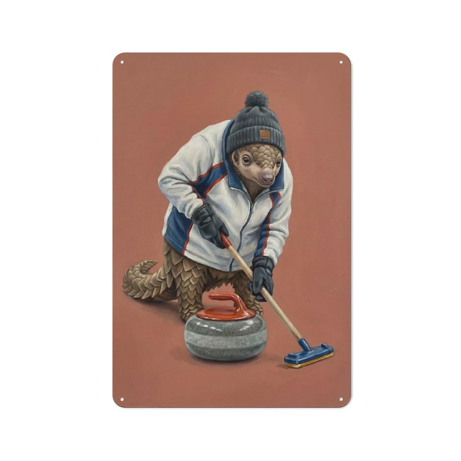 Pangolin Playing Curling Retro Metal Sign 30x20cm, Distressed Look Retro Room Decor for Living Room, Hallway, Kitchen Or Cafe