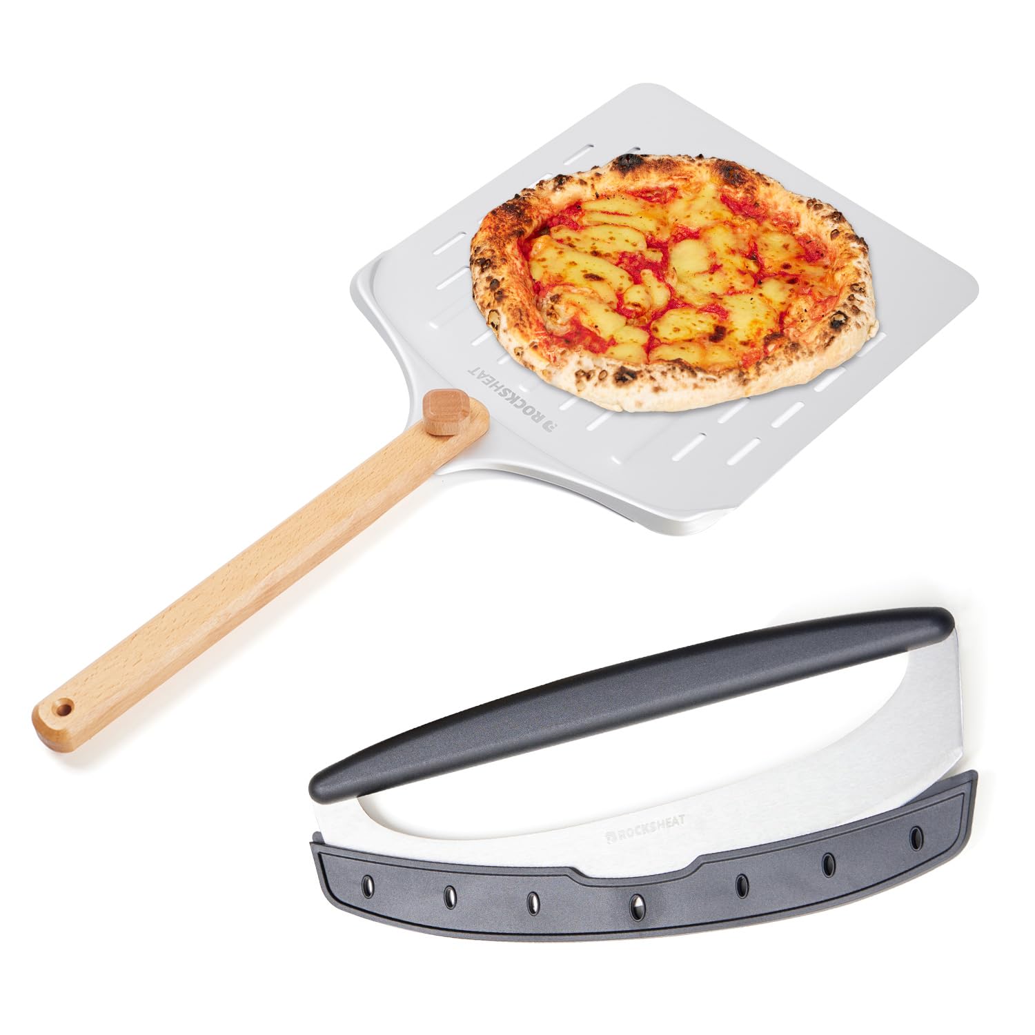 ROCKSHEAT Pizza Cutter Rocker & 12 Inch Rotating Pizza Peel Set - Anodized Aluminum Peel with Wooden Handle, Includes Plastic Blade Guard - Ideal for Pizza Oven Baking & Slicing