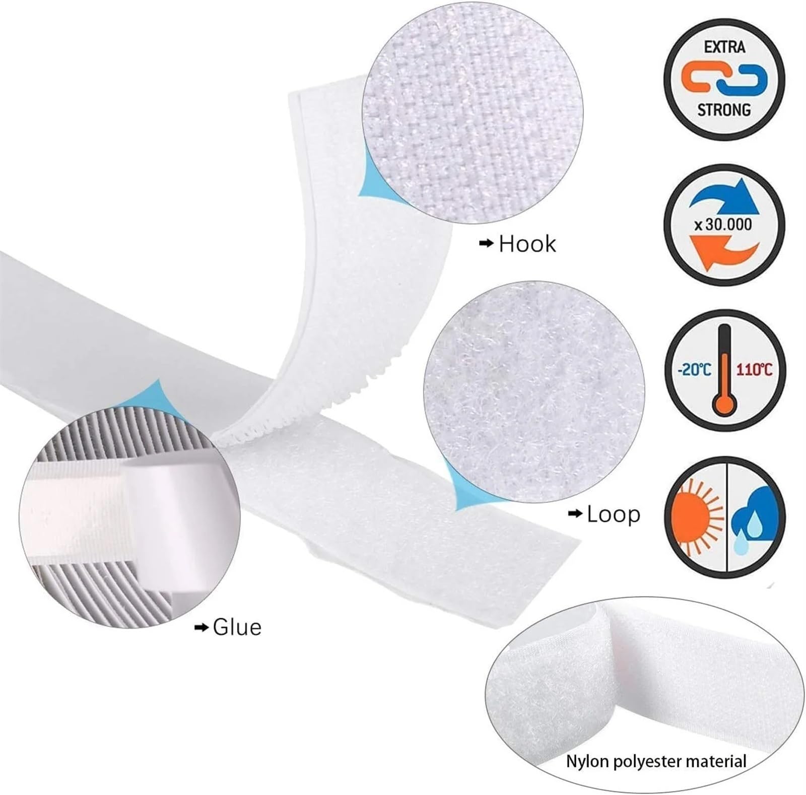 Adhesivo Fuerte Hook Y Loop Cinta adhesiva mágica de 20mm, autoadhesiva, adhesivo extrafuerte doble cara con almohadilla, cierre gancho y bucle esponjoso, color blanco(25Meter)