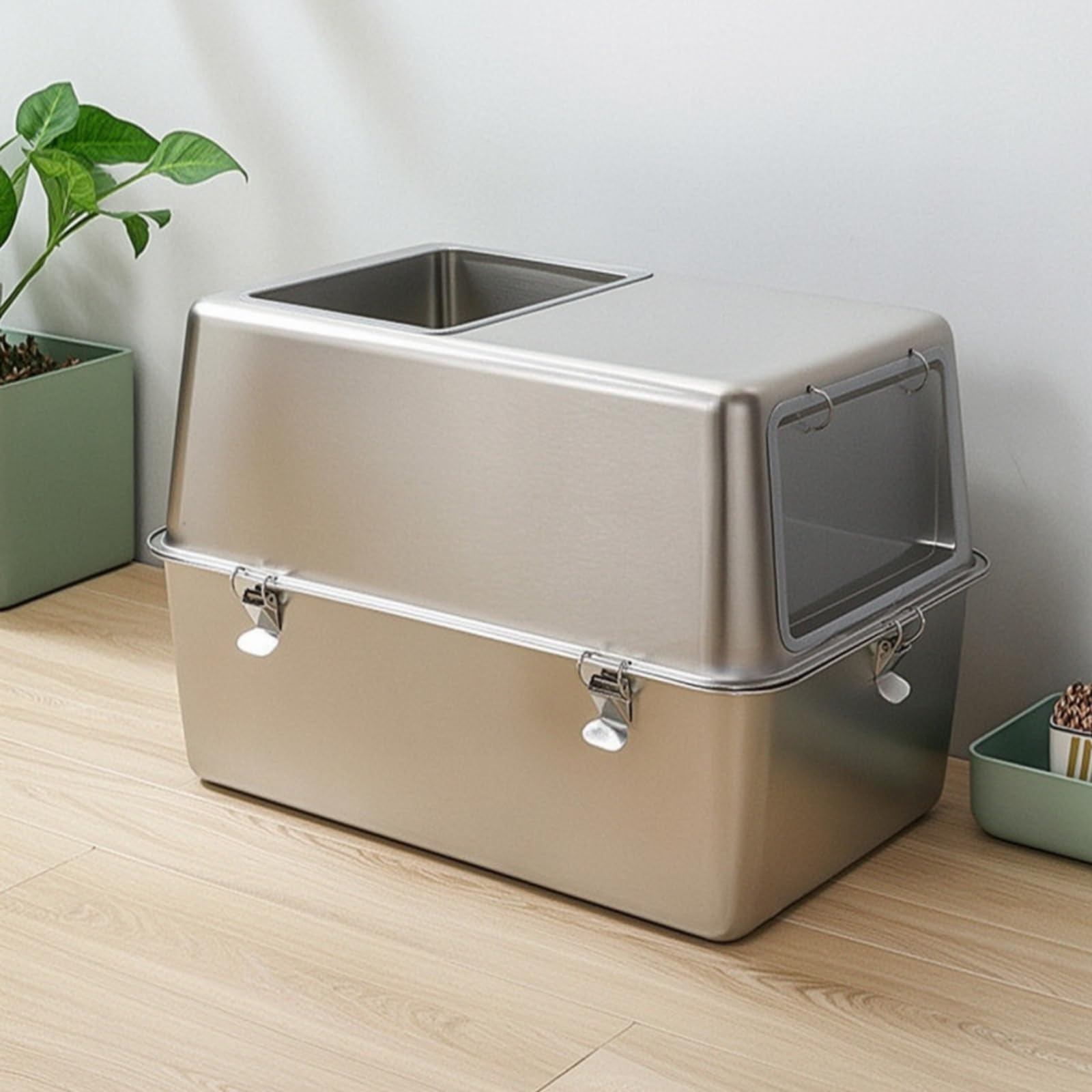 rockible Edelstahl-Katzenklo Rostfrei Katzentoilette mit Haube Hygienisch Katzentoilette mit Deckel für Katzen, Katzenbesitzer, Wohnung, Badezimmer, 50 X 35 X 40 cm