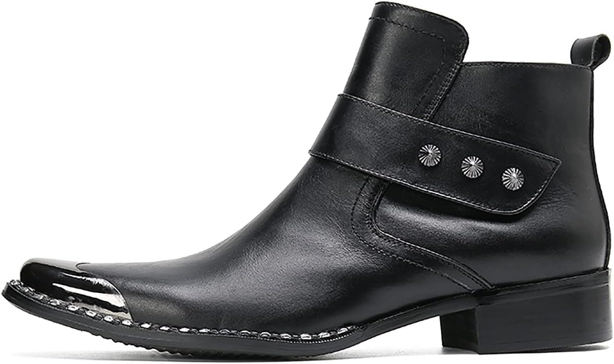 Santimon Mens Chelsea Boots Dress Party Genuine Leather Metal Square Toe Ankle Western Boots Zipper Buckle Casual Disco Ballroom Cowboy Boots For Men