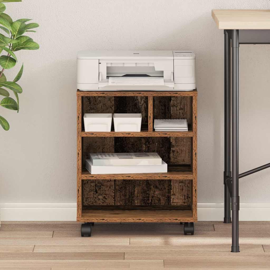 Druckerständer Holzwerkstoff mit Rollen, 41 x 32 x 48 cm, rustikaler Look, mobiler Druckerwagen für Büro und Zuhause, Stabiler Druckertisch aus strapazierfähigem Holzwerkstoff,