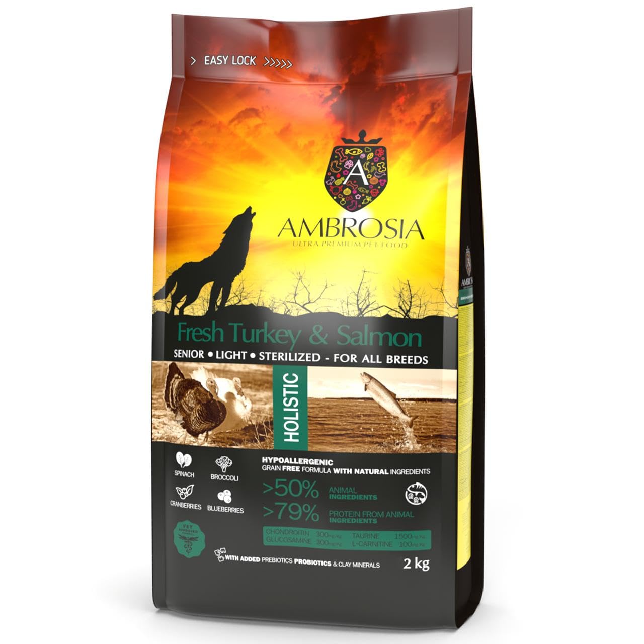 Ambrosia Ultra Premium Pet Food® | Senior Grain-Free Dry Dog Food, 12Kg, Hypoallergenic, High-Protein, Holistic | Fresh Turkey & Salmon