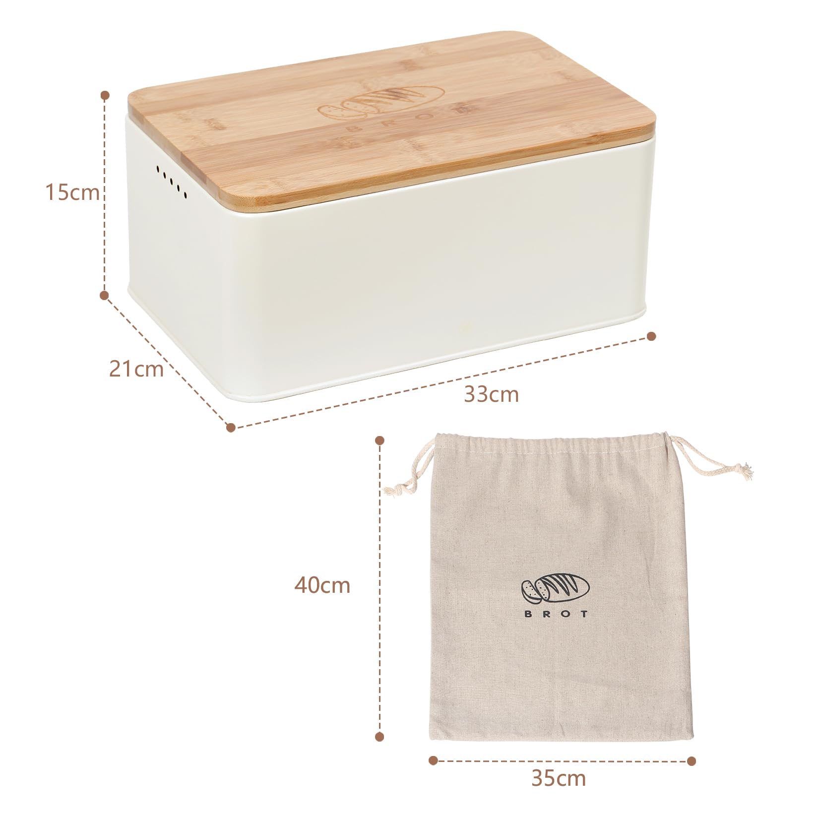 Theo&Cleo Brotkasten mit Schneidebrett , 33x21x15cm , Matte Brotbox mit Bambusdeckel und Leinen Brotbeutel , Rundum Belüftung , Brotkorb für langanhaltende Frische (Beige)