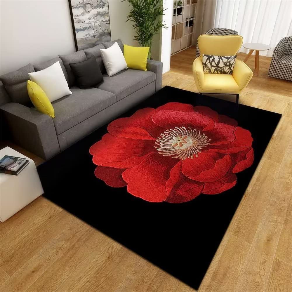 Tapis de sol salon lavable et durable rouge anti-poussière motif fleurs