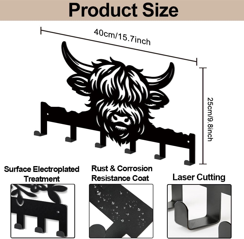 MAYJOYDIY Highland Cattle Key Holder Wall Mount 15.7×9.8inch Bullhead Animal Metal Towel Hook Coat Hanger with 6 Hooks Black Cow Wall Decorative Key Rack for Entryway Hallway Farmhouse