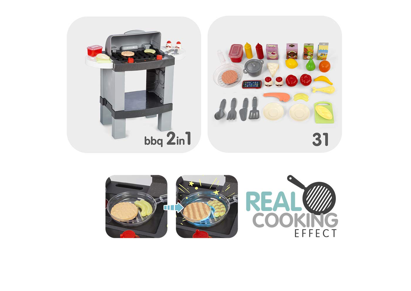 Chicos - Cocina de Juguete Cooking Plus 2en1 | Barbacoa Infantil con Efecto de Cocina Real: Los Alimentos cambian de Color Cuando se cocinan en el fogón LED | Incluye 31 Accesorios (85110)