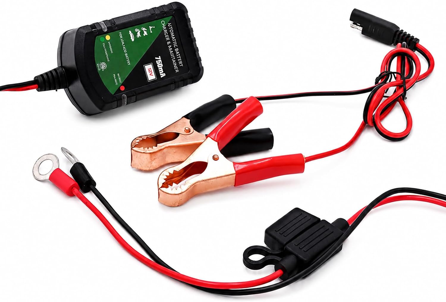 Unocho 12V Battery Charger 750mA Automatic Trickle and Float Maintainer for Lead-Acid Batteries, SAE Quick Disconnect with Clips and Ring Terminals for Motorcycle, Car, ATV, Boat, Lawn Mower