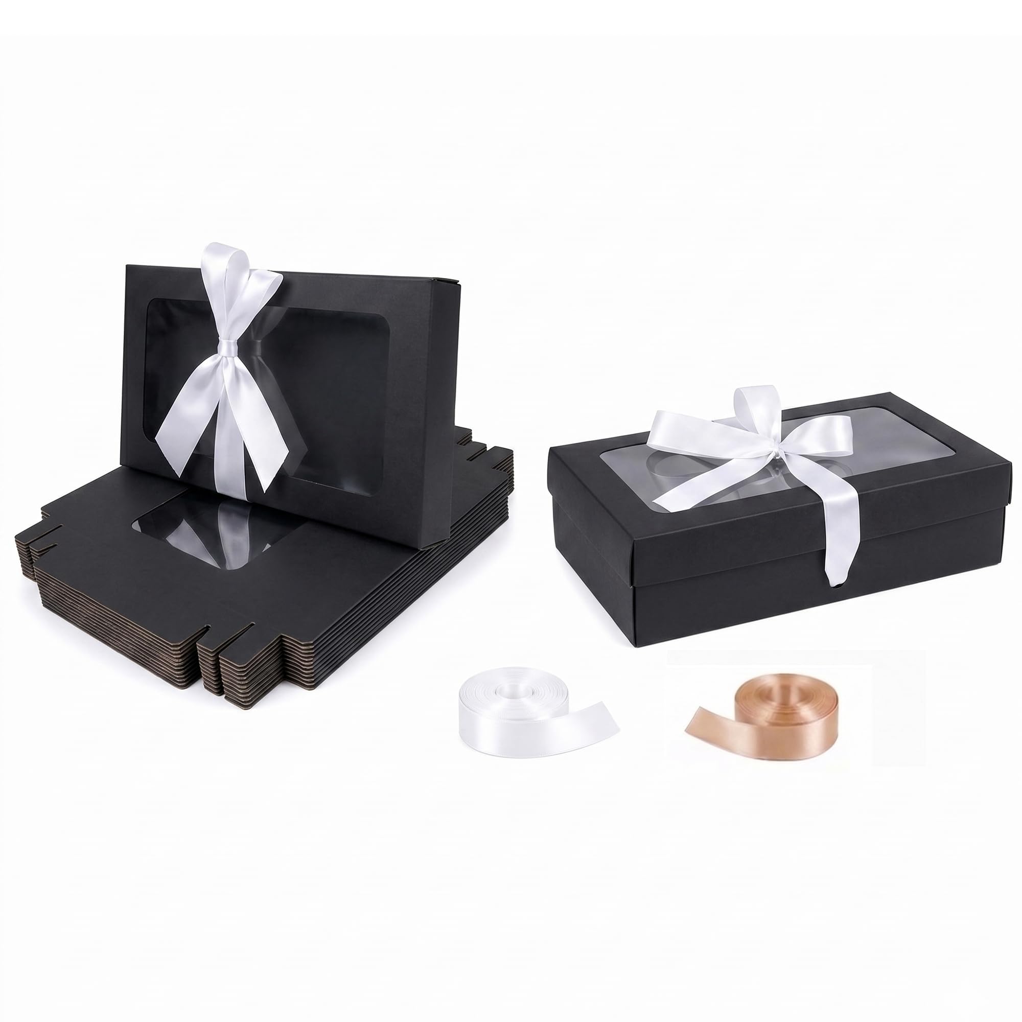 Emartbuy Pack of 12 Black Gift Boxes with Clear Window Lid & White Satin Ribbon - Medium-Large 27 x 16 x 6 cm - Recyclable Kraft Presentation Box for Hampers, Treats, Weddings & Favours