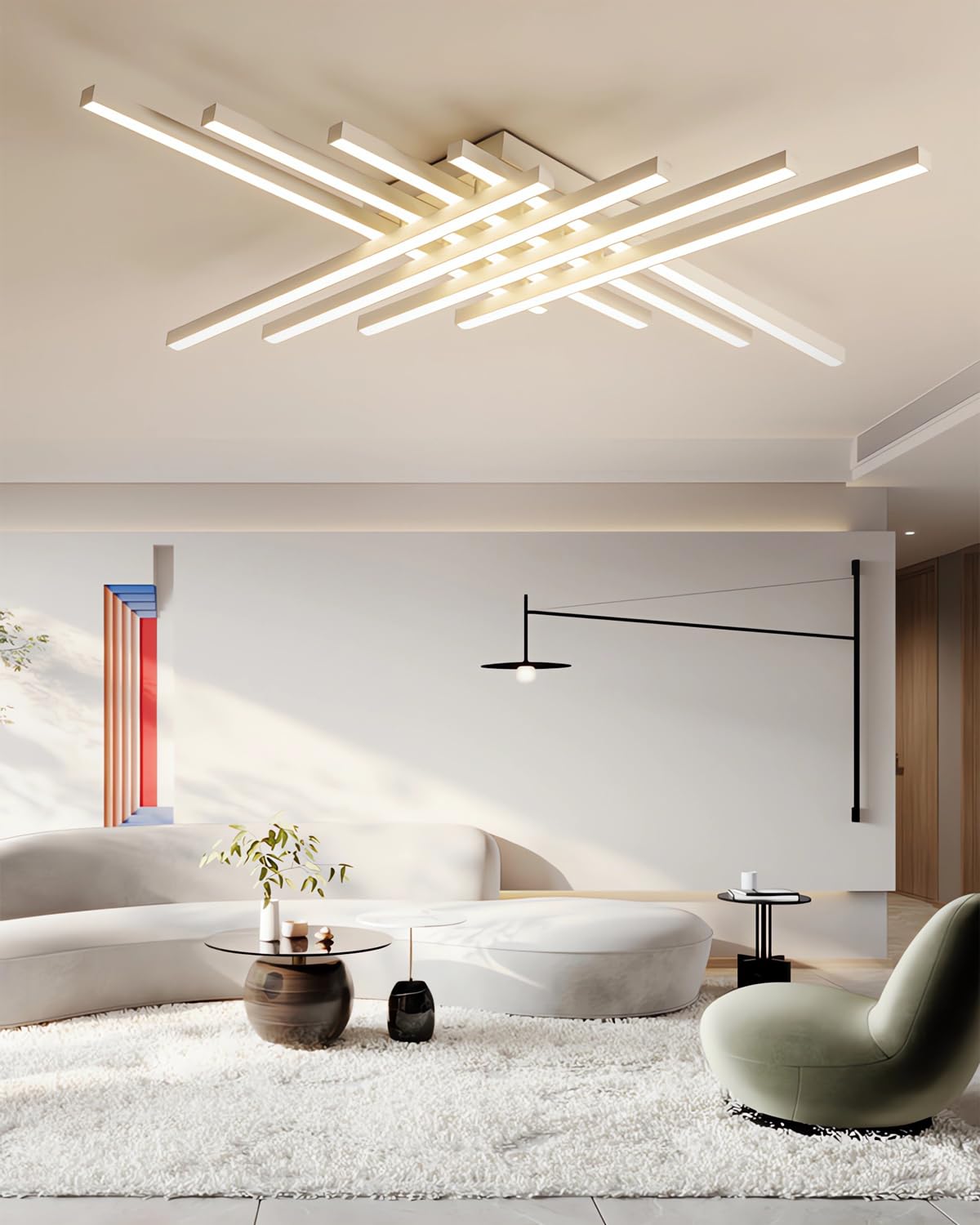 MOMOYY Modern Geometric LED Ceiling Light with Remote Control - 8-Headed Dimmable Chandelier for Living Room, Bedroom & Office, Adjustable Color Temperature 3000K-6000K (White, L)