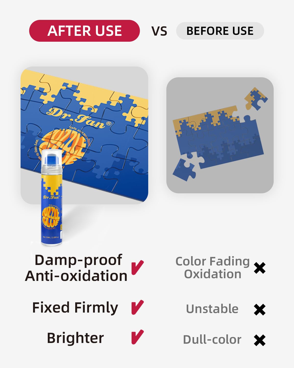 DR.FAN Jigsaw Puzzle Glue Applicator Suitable for 500/1000/2000/3000/5000 Pieces Puzzle, Quick Dry for Paper and Wood Puzzle Protector, Clear Art Craft Glue and Non-Toxic, 50ml(1.69fl oz), 6 Pack