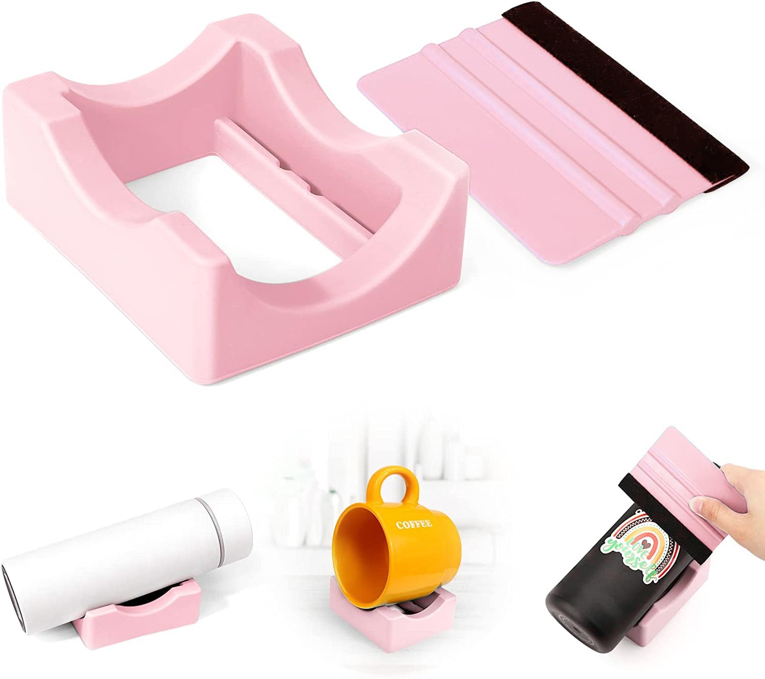 Support De Gobelet En Silicone Robuste Avec Raclette Feutre – Applique Autocollants Vinyle Sur Tasses, Double Angle (Rose)