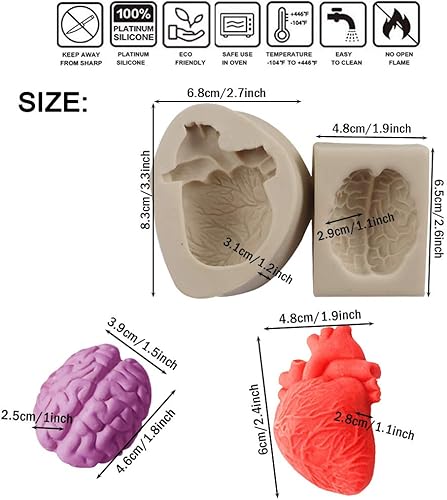 Miniatura 6 de 2 moldes de silicona para Halloween con corazón y cerebro para bricolaje, simulación de órganos humanos, fondant, pastel, caramelo, galleta,