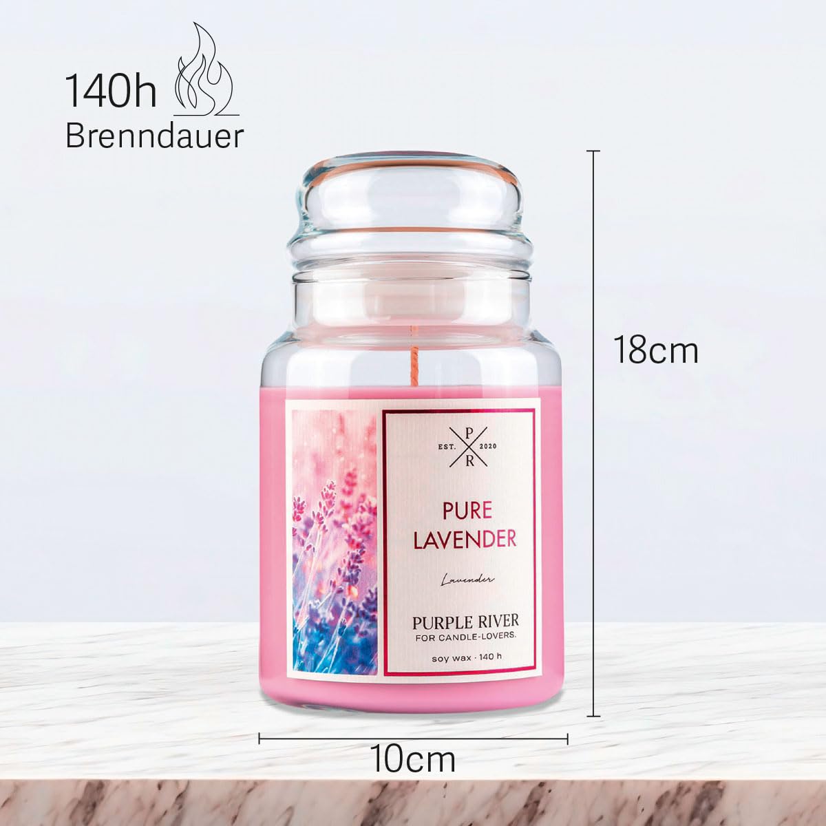 Purple River Vela perfumada grande de cera de soja en cristal con tapa, lavanda pura (623 g), fragancia de lavanda fresca para tu hogar, vela perfumada con largo tiempo de combustión de hasta 140