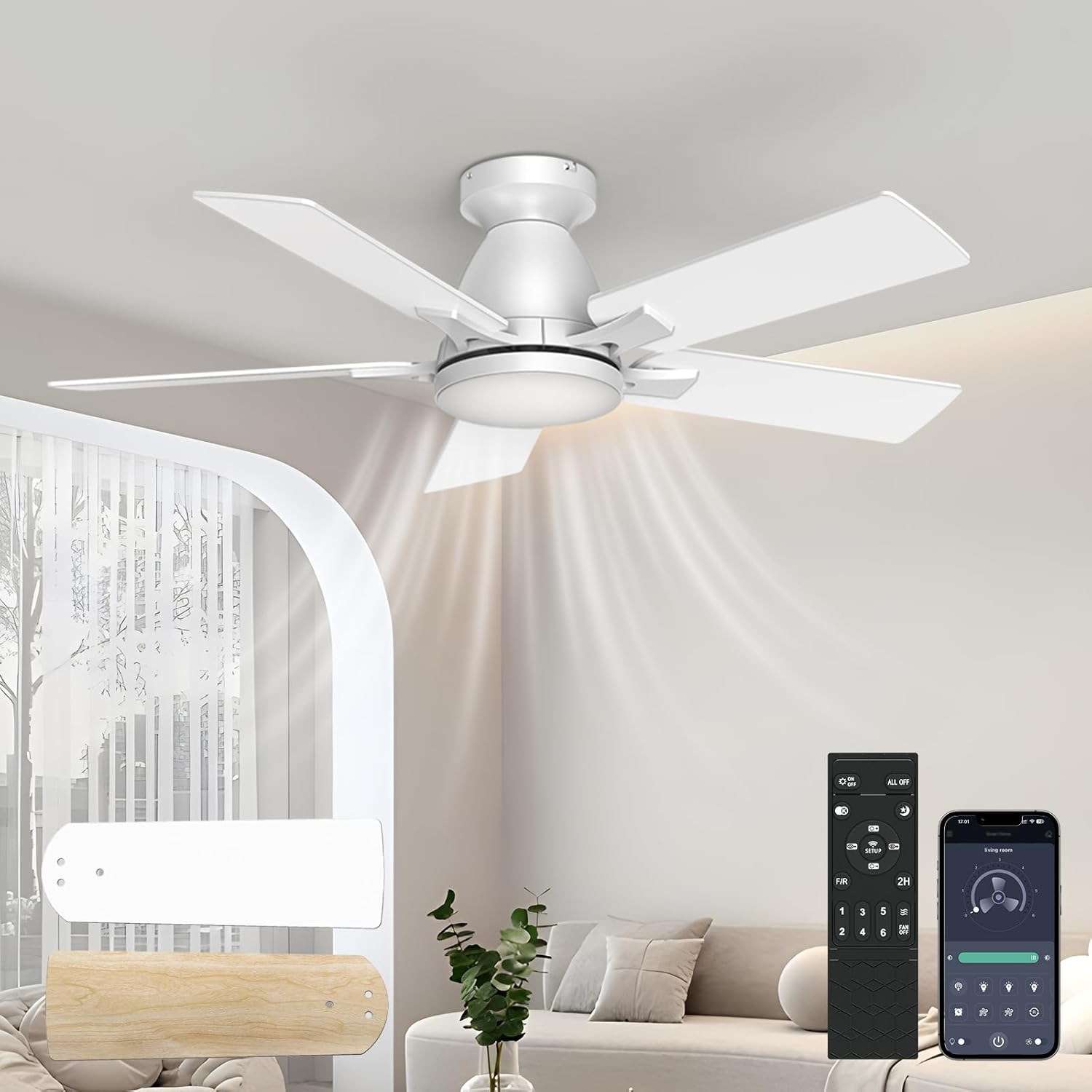 AIKVSXER 42inch Ceiling Fans with Lights,Low Profile Ceiling Fan with Lights and Remote,Reversible, 3CCT, Dimmable, Noiseless, White Ceiling Fan for Bedroom,Living Room,Hallway White + Wood 42 inch