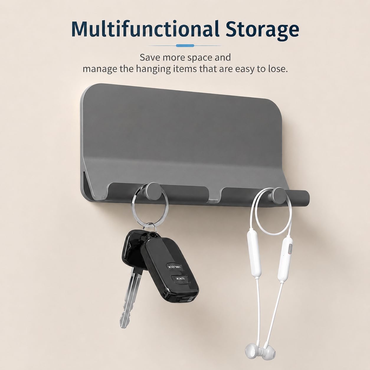 D2 - Soporte de pared para teléfono, manos libres, con adhesivo y agujero de recepción de cable de datos para ducha, carga, RV, compatible con iPhone, cables de smartphone, llaves y más (gris)
