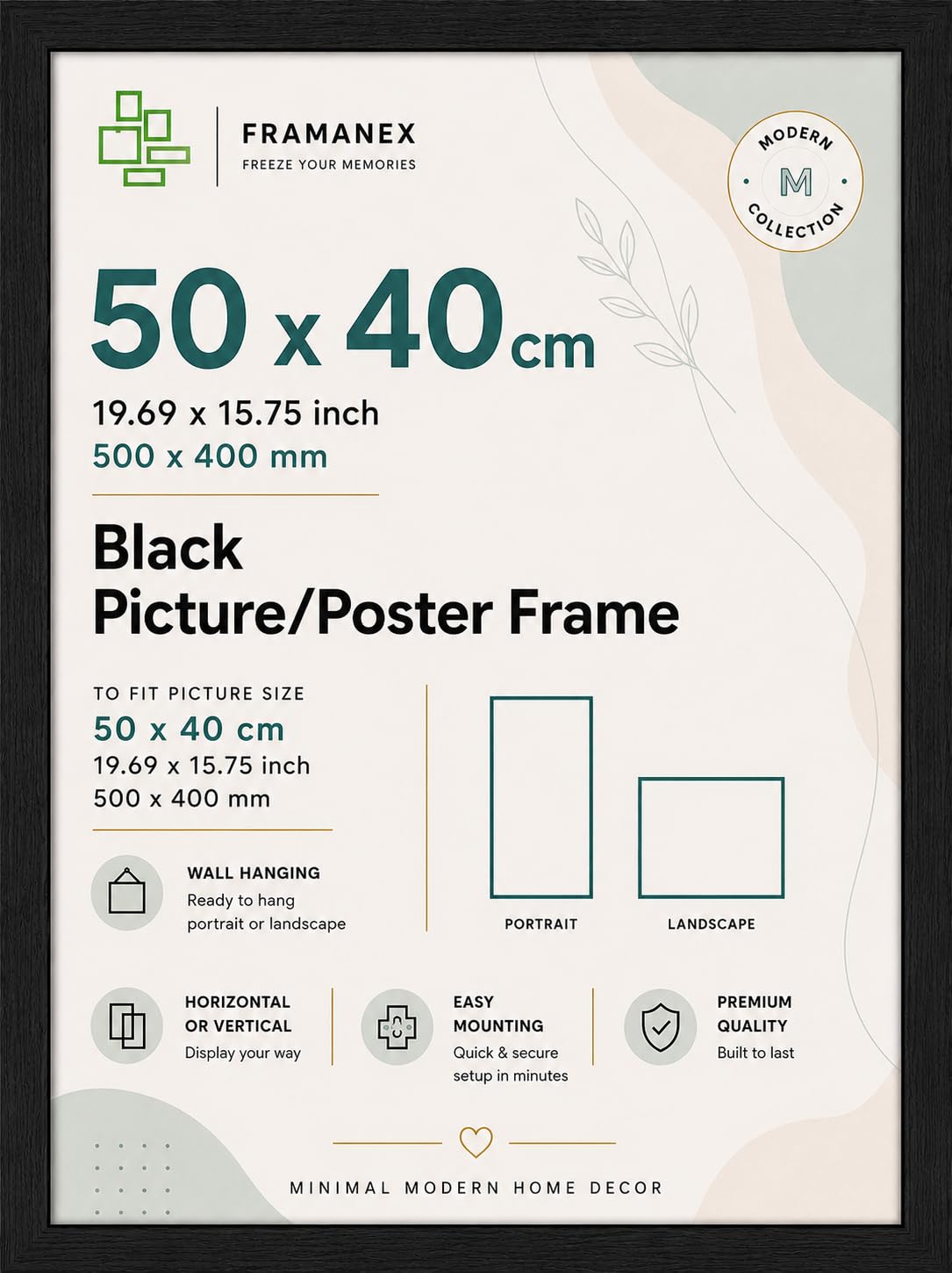 FX Black Picture Frame 40x50cm Engineered Wood and Plexiglass, Photo Frame 400×500mm Dual Orientation Landscape or Portrait, 40x50 Picture Frame Wall Hanging Display Photo for Home, Office
